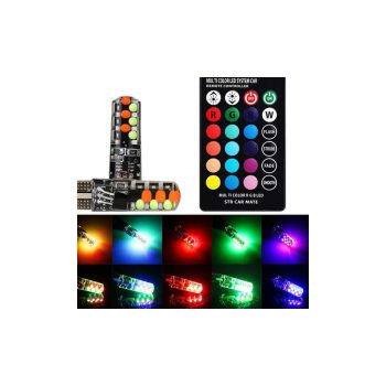 RGB LED T10 foglalattal (2 db), távirányítóval